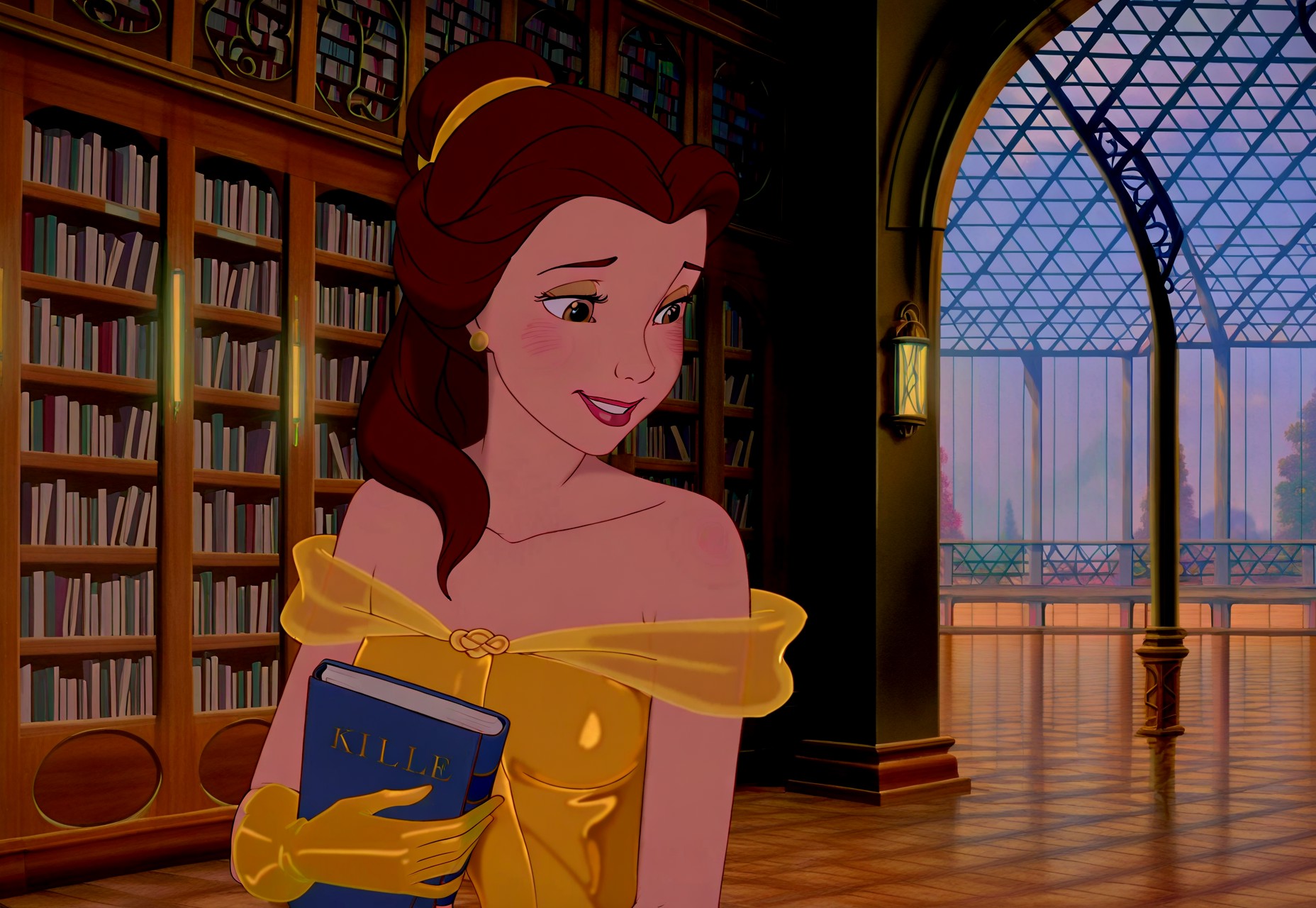 masterpiece, absurdres, highres, (anime screencap:2, anime coloring:2), on-model, accurate art style, show accurate, cartoon screencap, movie accurate, official screencap, style parody, flat colors, official art, proper proportions, extremely detailed, newest, BREAK, 1girl, girl is 25, mature girl, mature female, belle (character), long hair, brown hair, single hair bun, hair ribbon, ribbon, golden yellow ribbon, brown eyes, lipstick, blush, earrings, jewelry, gloves, yellow dress, ballgown, yellow ballgown, bare shoulders, smile, holding a book, BREAK, detailed background, indoors, library, day, BREAK, vibrant colors, cinematic lighting, 75% soft lighting, 25% dark lighting, rating_explicit, uncensored