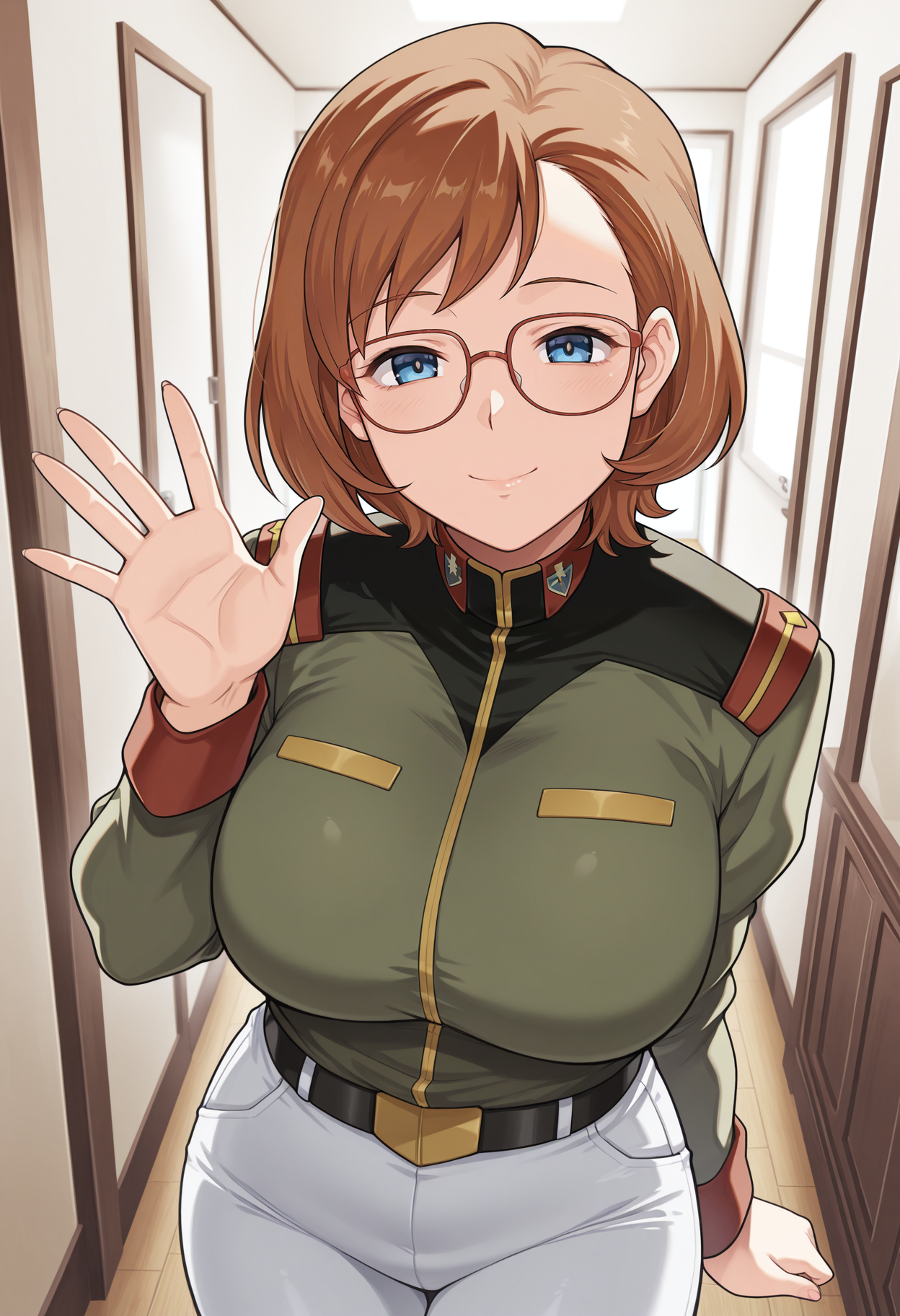1girl,solo,mm,mature female,glasses,short hair,large breasts,brown hair,blue eyes,
uniform,military uniform,pants,waving,looking at viewer, smile,indoors
,masterpiece,best quality,amazing quality,<lora:Usurai_Amiez-Gundam_F90FF:0.8>