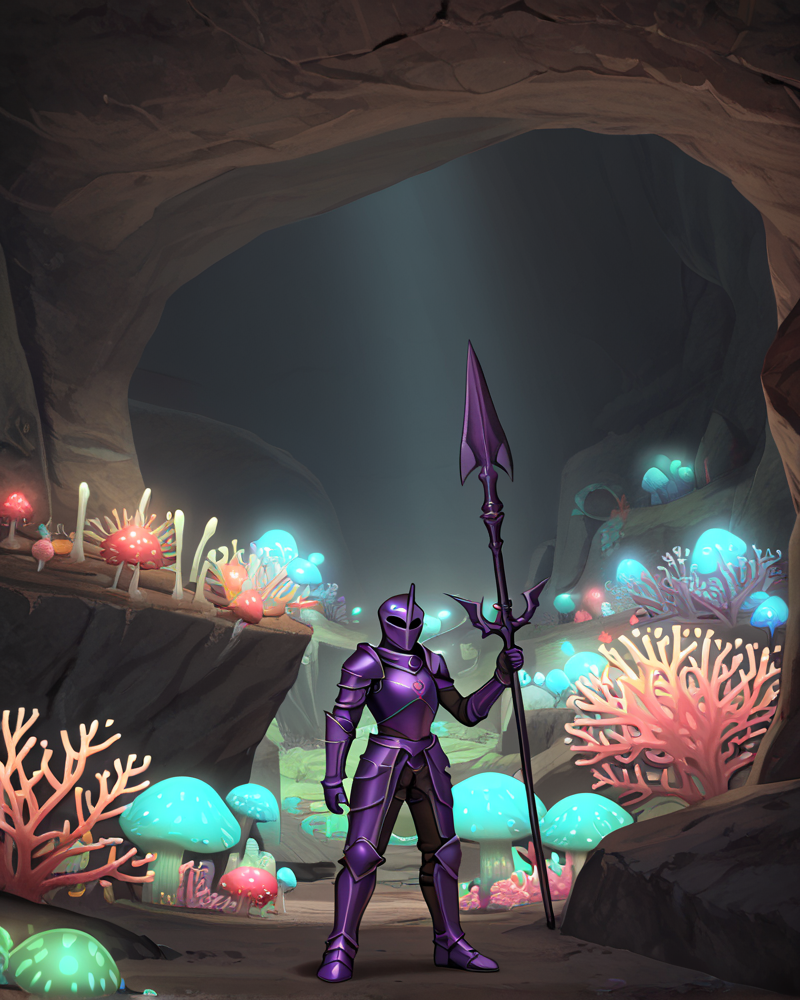 knight, holding spear, dragoon, dark armor, purple armor <lora:Sastasha_FORPONY-10:1>scenery, dark, glowing, cave, coral, mushroom, geyser <lora:as109Style:1>