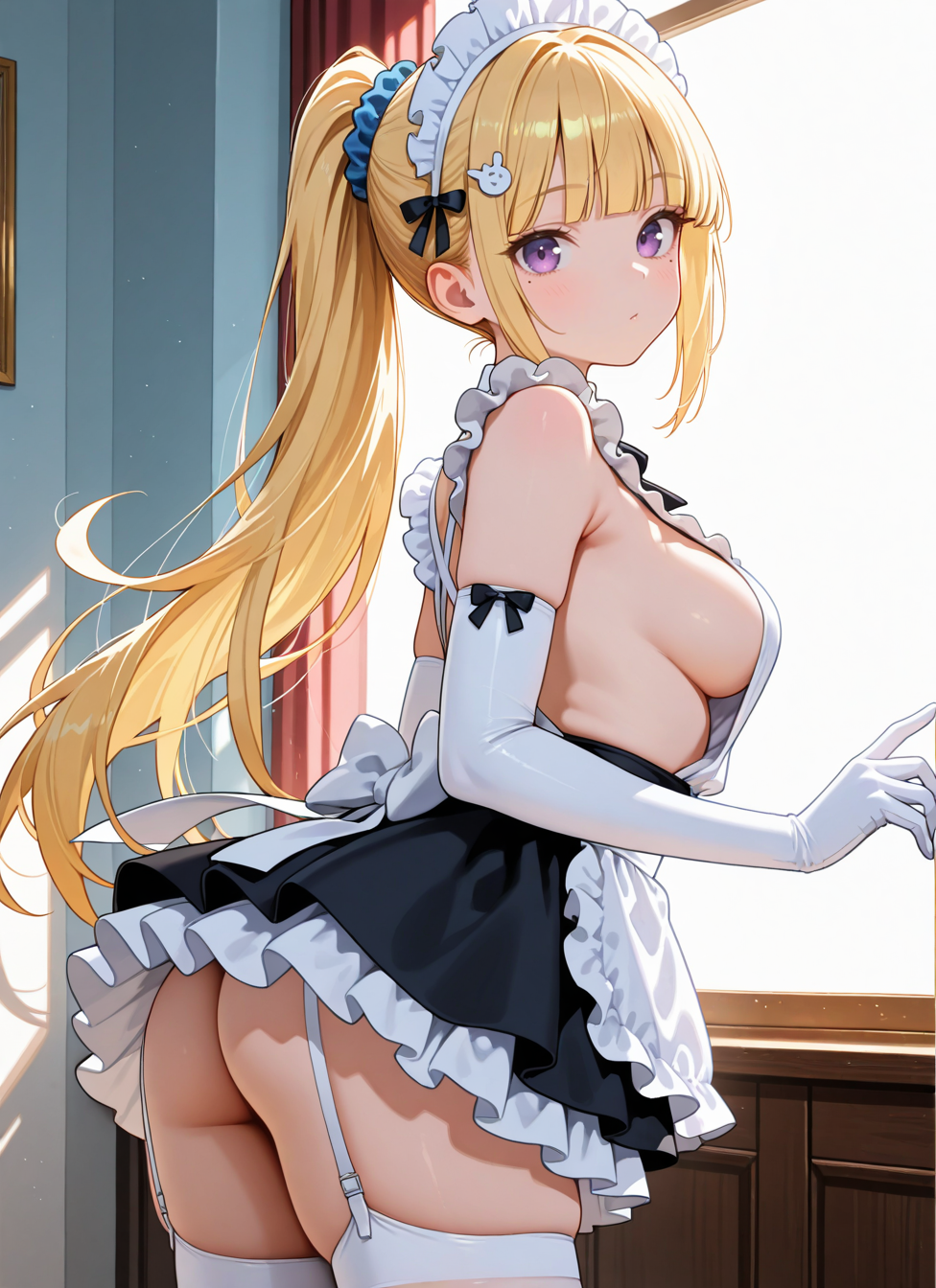1girl, long hair, bangs, blunt bangs, purple eyes, blonde hair, hair ornament, ponytail, scrunchie, blue scrunchie, medium breasts, white headdress, maid apron, white gloves, elbow gloves, garter straps, white thighhighs, mole under eye, white microskirt, white thighhighs, upper body, from side, sideboob, looking at viewer, ass, uncensored, <BREAK> , masterpiece, best quality, absurdres, highres, very aesthetic, high quality, detailed, insanely detailed, beautiful, very awa