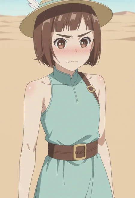 score_9, score_8_up, score_7_up, anime screencap, BREAK, 1girl, solo <lora:DX888Kazusa:1> onodera kazusa, brown eyes, brown hair, thick eyebrows, bob cut, micro bangs, BREAK
 v-shaped eyebrows,  wavy mouth,  nose blush,  averting eyes,, in a desert, dunes,, archer , leather armor, archer armor,  bow \(weapon\),  bare shoulders, feather hair ornament, quiver, green cloth, archer hat, archery ,