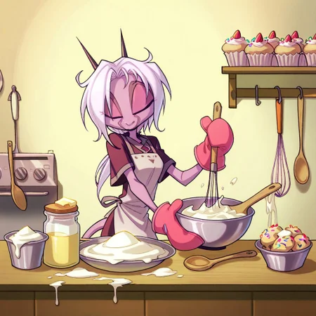 score_9, score_8_up, score_7_up,namah_calah,
1girl,solo,furry,tail, source_furry,horns,
,<lora:namah_calah_illustrious:0.8>,
kid,
flour, sugar, eggs, mixing_bowl, whisk, muffin_tin, oven_mitts, apron, strawberries, kitchen_counter, butter, sprinkles, wooden_spoon
Scene: A cheerful kitchen bathed in morning light, where someone whisks a batter of flour, sugar, and eggs in a big, pastel-colored mixing bowl. Tiny muffin tins are lined up, each filled with a dollop of batter and a fresh strawberry on top. The counter is dusted with flour, sprinkles spill from a jar, and a stick of butter melts slowly nearby. Oven mitts hang on a hook, ready for the tray to slide into the warm oven, filling the air with a sweet, cozy scent.