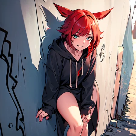 best quality, high resolution, distinct image, concept art, Original Characters, Natural Volumetric Lighting And Best Shadows, Deep Depth Of Field, Sharp Focus, Portrait Of Stunningly Beautiful Petite Girl, Soft Delicate Beautiful Attractive Face With Cute Teal Eyes, Sharp Eyeliner, Mischievous grin,  (Disheveled Red Hair:1.6), Thick Layered Short Modern Hairstyles, Blush Eyeshadow With Thick Eyelashes,  Loose long black hoodie, (Alley Street Graffiti Mural Background:1.15), (Highest Quality, Amazing Details:1.4), Masterpiece, Bloom, Picturesque, Brilliant Colorful Paintings, Whole Body, Black Skirt and Exposed Thighs, (Miqo'te Ears:1.3) <lora:last:1>