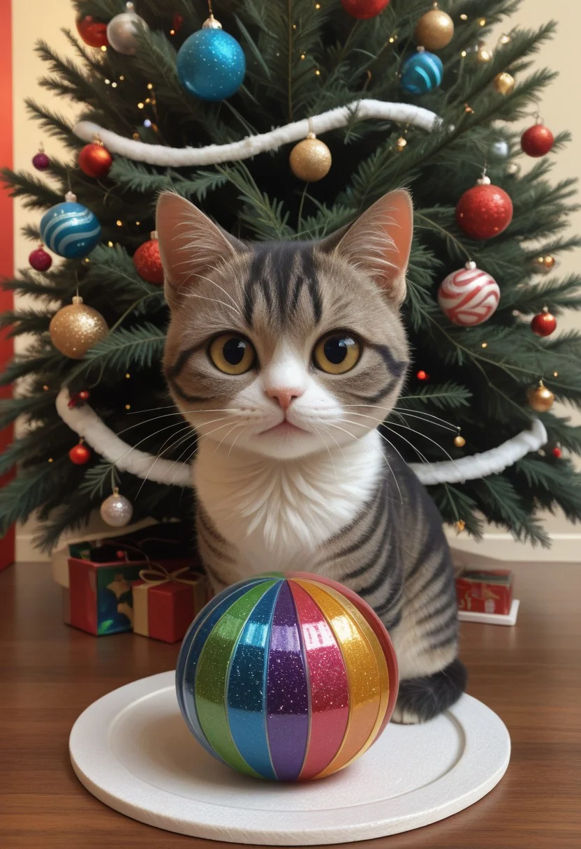 colorful glass ball made for Christmas tree full of glitter streams and dust cloud, image of cute cat face without body of ball surface, (((warm colors))), green, intricate details, paper art, pleated paper, folded, origami art, pleats, cut and fold, centered composition, no humans