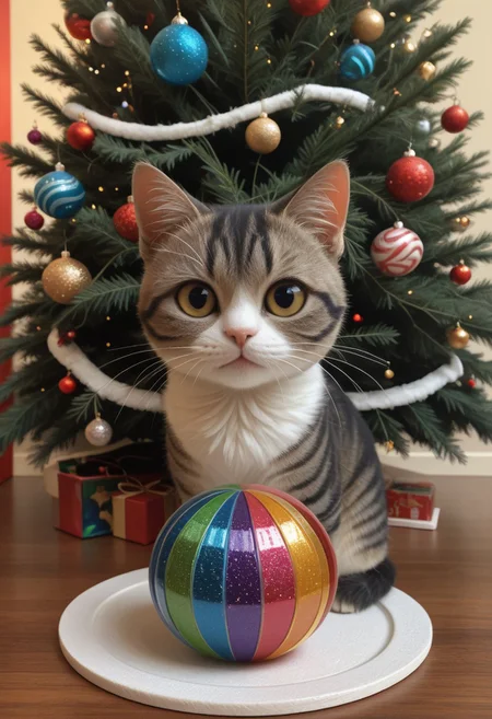 colorful glass ball made for Christmas tree full of glitter streams and dust cloud, image of cute cat face without body of ball surface, (((warm colors))), green, intricate details, paper art, pleated paper, folded, origami art, pleats, cut and fold, centered composition, no humans