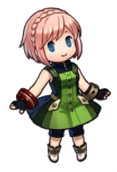 score_9, score_8_up, score_7_up, source_anime, 1girl, smile, closed mouth, <lora:Feh-Sprites-pdxl_Fp:1> simple background, chibi, full body, <lora:KanonGE-pdxl-bsinky-v1:1> defKan, short hair, pink hair, crown braid, blue eyes, green pinafore dress, turtleneck, bare shoulders, arm warmers, black gloves, fingerless gloves, red bracelet, black pants, boots, white footwear