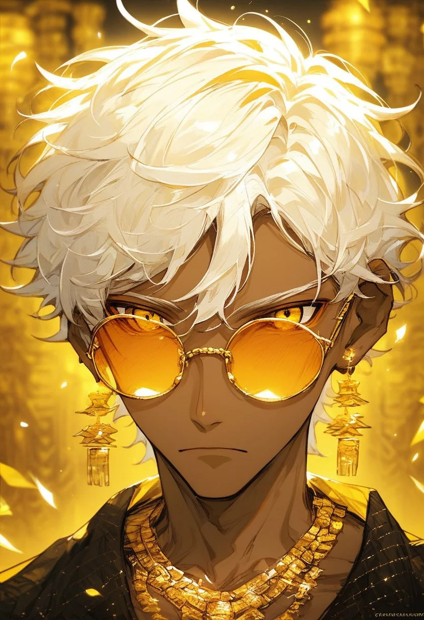 score_9, score_8_up, score_7_up,
c0l0r1f1c4t10n0r4ng3,ColorificationOrange,Colorification Orange, solo, looking at viewer, short hair, 1boy, jewelry, closed mouth, yellow eyes, white hair, male focus, earrings, glasses, dark skin, necklace, blurry, depth of field, blurry background, sunglasses, dark-skinned male, ring, portrait, round eyewear, tinted eyewear, gold, yellow theme, orange-tinted eyewear