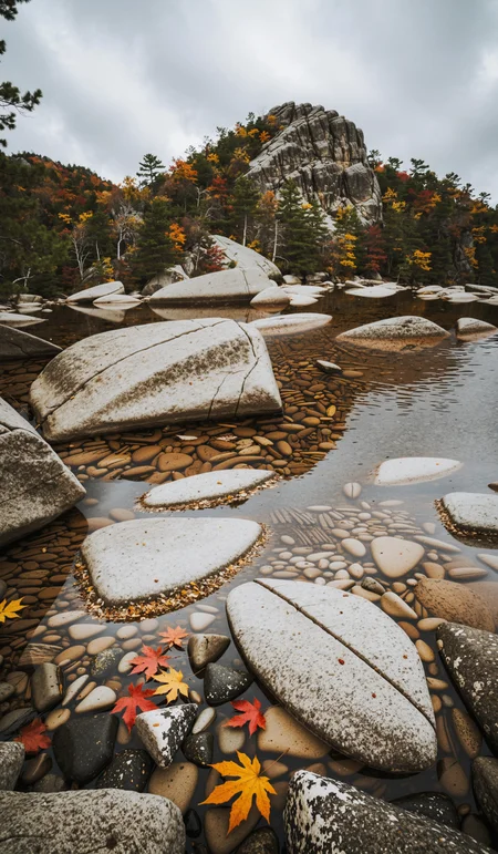 Killarney Provincial Park in Ontario in autumn, Canada, ultra long exposure shot, serene, minimalist, clean, perfect composition, stunning, film grain, atmospheric, muted colors