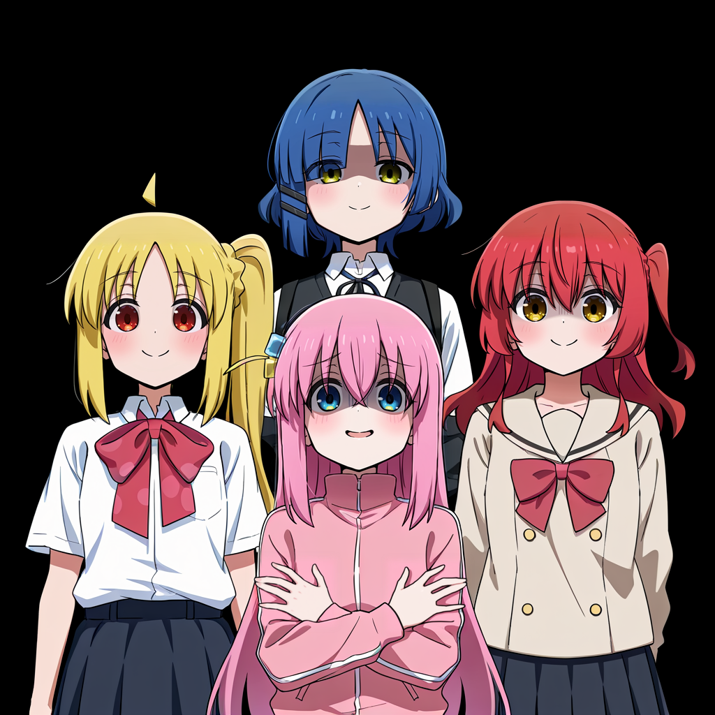masterpiece, high quality, absurdres, 4girls, gotoh hitori, pink hair, ijichi nijika, blonde hair, kita ikuyo, red hair, yamada ryo, blue hair, multiple girls, school uniform, looking at viewer, blush, smile, open mouth, simple background, hair ornament, closed mouth, crossed arms, black background, shaded face, album cover, <lora:queen_band:1>