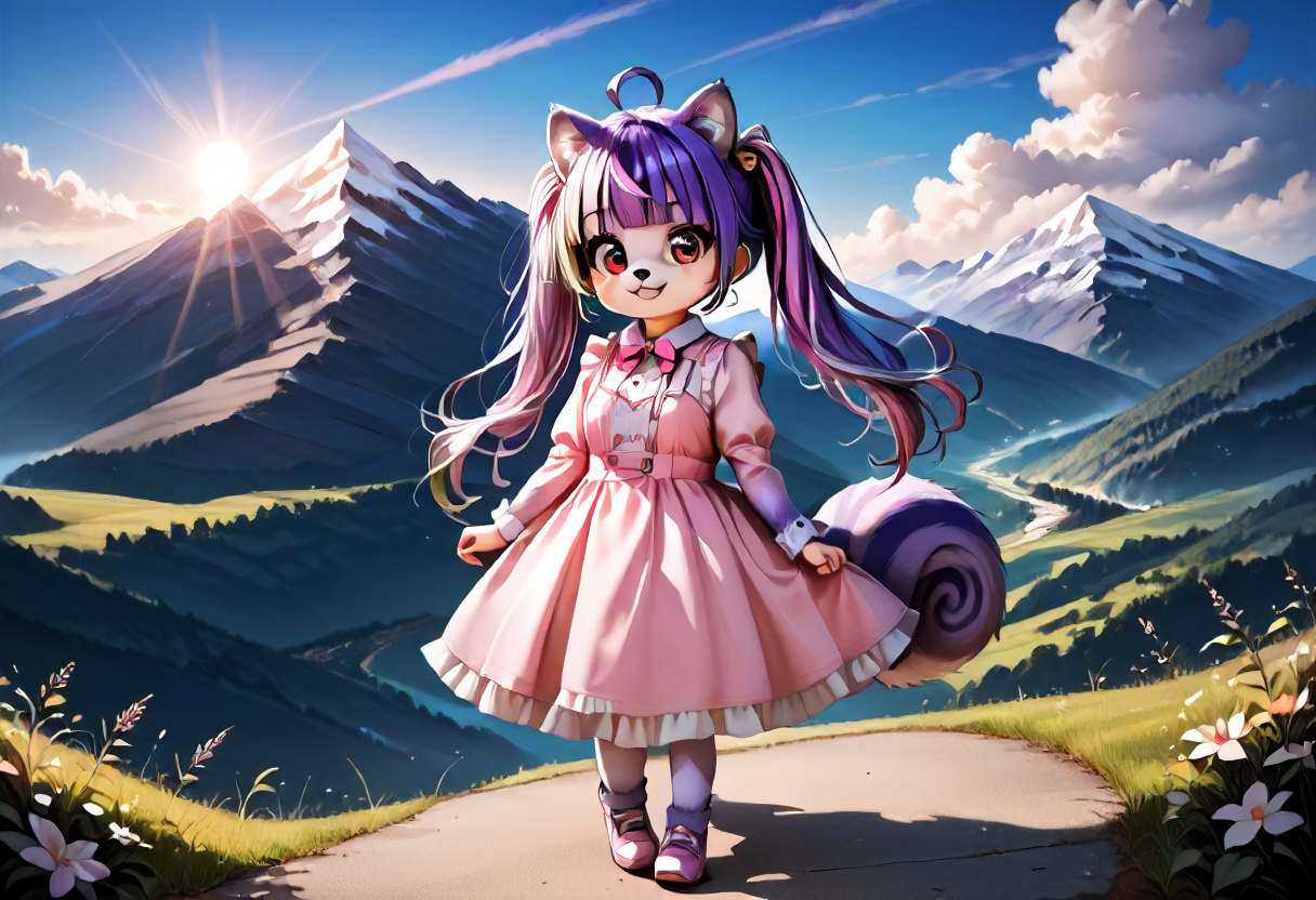 1girl,8K, best quality, best resolution,score_9,score_8_up,score_5_up,score_7_up,score_6_up,best quality,source_anime,Mauveko,pink dress,big eyes,detailed eyes,detailed face,BREAK,outside,mountain background, pastel lighting effect,light beam,full body,
 <lora:my_OC_No.01_Mauvekoã¢ã³:0.8>