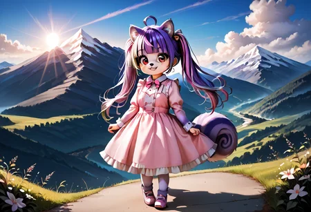 1girl,8K, best quality, best resolution,score_9,score_8_up,score_5_up,score_7_up,score_6_up,best quality,source_anime,Mauveko,pink dress,big eyes,detailed eyes,detailed face,BREAK,outside,mountain background, pastel lighting effect,light beam,full body,
<lora:my_OC_No.01_Mauvekoã¢ã³:0.8>