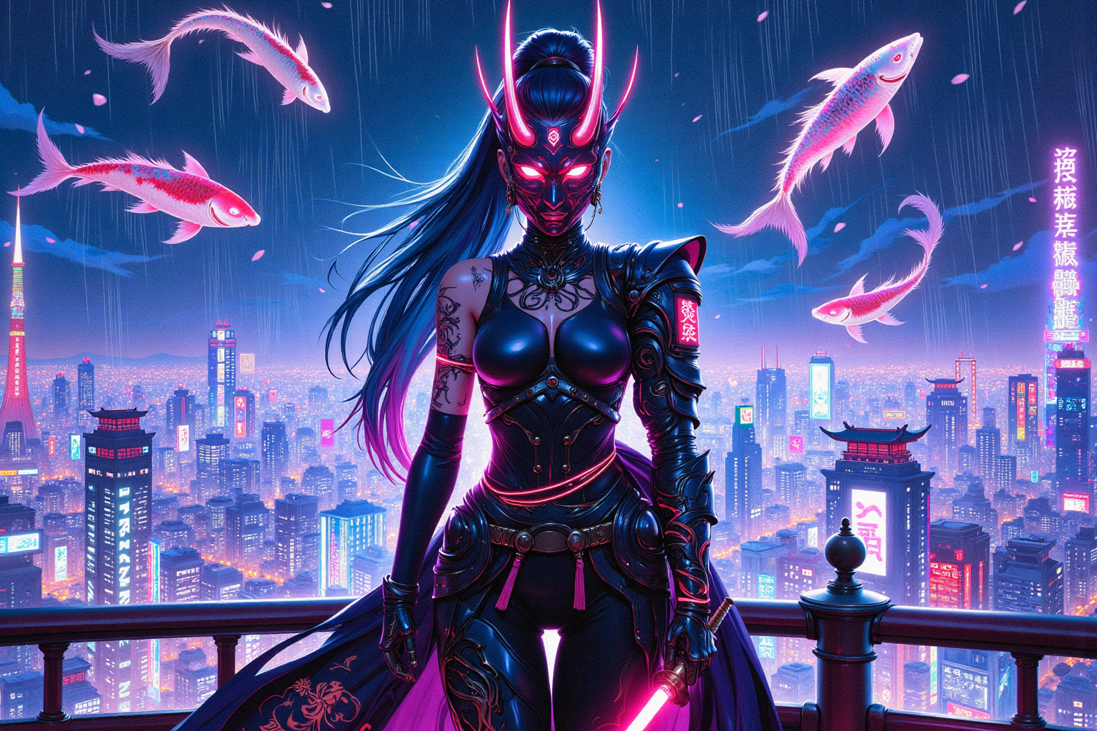 A **breathtaking cyberpunk kunoichi** stands **directly facing the camera**, her entire **body and face perfectly aligned toward the viewer** with **absolute confidence and power**. Her **striking, glowing white eyes** radiate an intense, almost hypnotic energy, reflecting the neon skyline behind her. She has **flawless, otherworldly beauty**, framed by sleek, **electric-blue hair**, styled into a high ponytail with subtle strands illuminated by glowing cybernetic threads.  

wearing A **large, highly detailed hannya mask** The mask flickers between **solid form and digital transparency**, revealing a **menacing demonic visage** encoded in neon-red energy. Its **sharp, curved horns pulse faintly**, charged with hidden power.  

She wears a **high-tech, form-fitting bodysuit**, seamlessly fusing **traditional Japanese elements with advanced cybernetics**. The **fabric, textured like woven silk**, is enhanced with **nanofiber plating**, shimmering softly with **golden kanji symbols** that dynamically shift between **protective spells and encrypted data streams**. A sleek **cybernetic samurai shoulder guard**, adorned with intricate glowing circuits, gleams under the city lights. Her **left arm is entirely cybernetic**, constructed from a **polished obsidian-black alloy**, its surface engraved with **luminous, animated dragon tattoos** that **flow and move like living energy**.  

She stands **strong and unwavering**, her **legs firmly planted**, shoulders squared, **her entire stance directly aligned with the viewer** as if confronting them with silent authority. Her **cybernetic fingers rest near her weapons**, ready for battle, exuding an aura of **mystery and unstoppable power**.  

Behind her, the **massive neon cityscape of Neo-Tokyo** stretches infinitely, bathed in a sea of **vibrant blues, purples, and deep magentas**. Towering **red torii gates**, repurposed as **holographic digital shrines**, pulsate with soft crimson light. Gigantic **holographic koi fish** glide gracefully through the air, weaving between cascading **data streams projected from towering megastructures**.  

A **gentle rain falls**, each drop catching the neon glow before vanishing into the rain-slicked rooftop. **Bioluminescent cherry blossom petals** drift through the air, glowing softly as they pass through floating advertisements and neon billboards. The **city’s lights reflect off her armor**, creating a mesmerizing glow that enhances her **cybernetic presence**.  

This is the face of a **legendary cyberpunk warrior**—a **modern-day kunoichi**, standing **face-to-face with the future**, locking eyes with destiny itself.  

A stunning fusion of **traditional Japanese elegance and cyberpunk futurism**, captured in **ultra-detailed, hyper-realistic 8K resolution**. **Cinematic lighting, neon-drenched atmosphere, breathtaking visuals, infused with deep Japanese cyberpunk lore.**  


Art in the style of Yomu_Yakadashi.

EpicGorgeousDetails, cinna flow, 8k detailed neon themed digital illustration style, 8uartz4r4