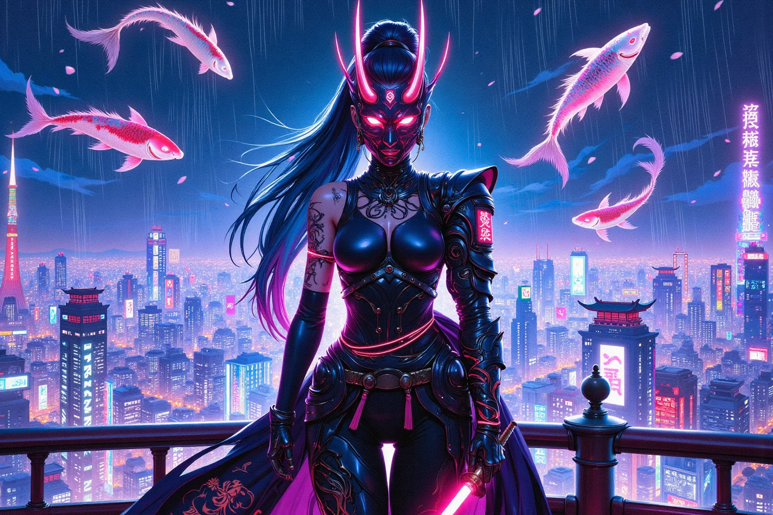 A **breathtaking cyberpunk kunoichi** stands **directly facing the camera**, her entire **body and face perfectly aligned toward the viewer** with **absolute confidence and power**. Her **striking, glowing white eyes** radiate an intense, almost hypnotic energy, reflecting the neon skyline behind her. She has **flawless, otherworldly beauty**, framed by sleek, **electric-blue hair**, styled into a high ponytail with subtle strands illuminated by glowing cybernetic threads.
wearing A **large, highly detailed hannya mask** The mask flickers between **solid form and digital transparency**, revealing a **menacing demonic visage** encoded in neon-red energy. Its **sharp, curved horns pulse faintly**, charged with hidden power.
She wears a **high-tech, form-fitting bodysuit**, seamlessly fusing **traditional Japanese elements with advanced cybernetics**. The **fabric, textured like woven silk**, is enhanced with **nanofiber plating**, shimmering softly with **golden kanji symbols** that dynamically shift between **protective spells and encrypted data streams**. A sleek **cybernetic samurai shoulder guard**, adorned with intricate glowing circuits, gleams under the city lights. Her **left arm is entirely cybernetic**, constructed from a **polished obsidian-black alloy**, its surface engraved with **luminous, animated dragon tattoos** that **flow and move like living energy**.
She stands **strong and unwavering**, her **legs firmly planted**, shoulders squared, **her entire stance directly aligned with the viewer** as if confronting them with silent authority. Her **cybernetic fingers rest near her weapons**, ready for battle, exuding an aura of **mystery and unstoppable power**.
Behind her, the **massive neon cityscape of Neo-Tokyo** stretches infinitely, bathed in a sea of **vibrant blues, purples, and deep magentas**. Towering **red torii gates**, repurposed as **holographic digital shrines**, pulsate with soft crimson light. Gigantic **holographic koi fish** glide gracefully through the air, weaving between cascading **data streams projected from towering megastructures**.
A **gentle rain falls**, each drop catching the neon glow before vanishing into the rain-slicked rooftop. **Bioluminescent cherry blossom petals** drift through the air, glowing softly as they pass through floating advertisements and neon billboards. The **city’s lights reflect off her armor**, creating a mesmerizing glow that enhances her **cybernetic presence**.
This is the face of a **legendary cyberpunk warrior**—a **modern-day kunoichi**, standing **face-to-face with the future**, locking eyes with destiny itself.
A stunning fusion of **traditional Japanese elegance and cyberpunk futurism**, captured in **ultra-detailed, hyper-realistic 8K resolution**. **Cinematic lighting, neon-drenched atmosphere, breathtaking visuals, infused with deep Japanese cyberpunk lore.**
Art in the style of Yomu_Yakadashi.
EpicGorgeousDetails, cinna flow, 8k detailed neon themed digital illustration style, 8uartz4r4