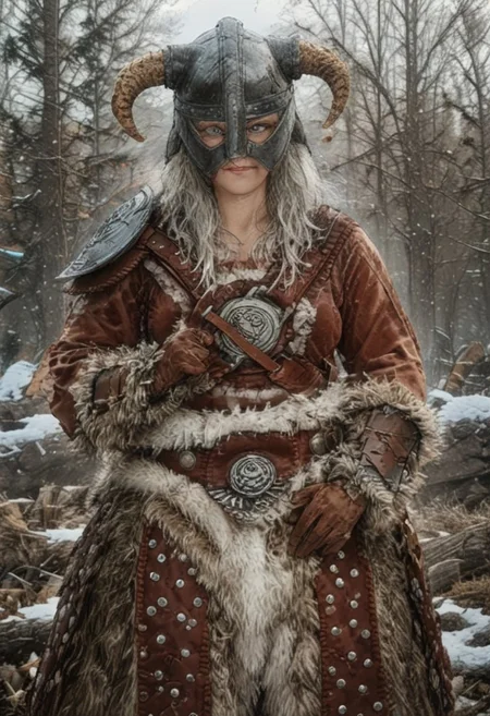 score_8, score_8_up, score_7_up, source_anime, 1other, solo, female focus,mclaus, white hair, old women, red christmas dress, dovahkiin armor, horned helmet, axe, long hair, blue eyes, brown gauntlets, holding axe, brown knee boots, cleavage, shoulder armor, looking at viewer, snow, winter masterpiece,best quality,amazing quality,very aesthetic,absurdres,newest,<lora:Dovahkiin illuXL v1:0.78>, standing, fully body, outdoors, snow, falling snow, blizzard, looking at viewer