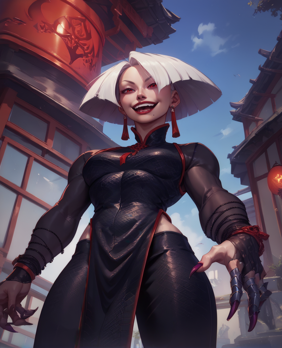 score_9,score_8_up,score_7_up,score_6_up,score_5_up,score_4_up,
akixl,white hair,red eyes,red lips,earrings,evil smile,
black chinese clothes,see-through long sleeves,fingernail gloves,
open mouth,from below,pelvic curtain,
outdoors,night,
<lora:AKI:0.8>,solo,