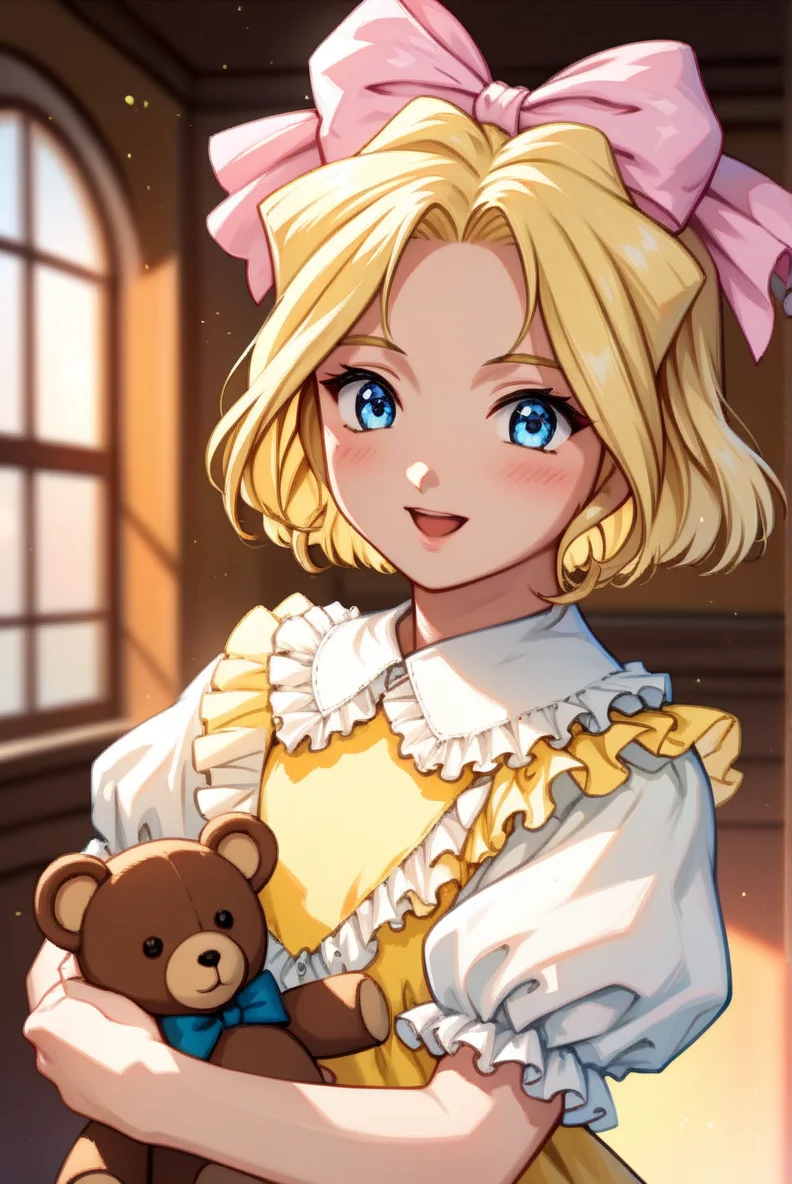 score_9, score_8_up, score_7_up, very aesthetic, source_anime, detailed, high quality, beautiful, masterpiece, detailed eyes,
simple background, blurry background,
<lora:lightXL:0.8>
cowboy shot, upper body,
holding stuffed toy, smile, open mouth, blush,
 <lora:iris_autismConfetti_v01:0.95>flat chest,
irisBase, blonde hair, blue eyes, hair bow, pink bow, short hair, parted bangs,
yellow dress, frills, white puffy sleeves, short sleeves,  layered dress, lace  white socks,, zPDXL
