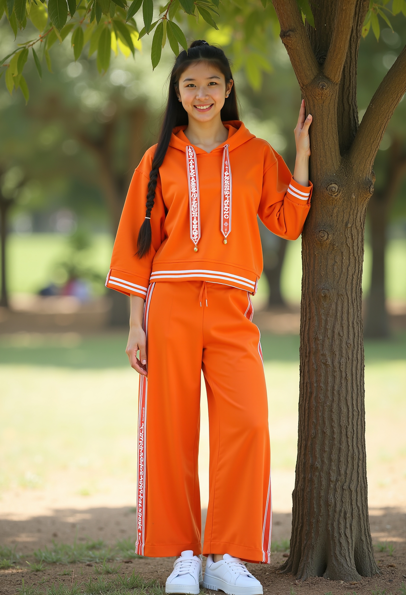 beautiful young woman, smiling, ponytail, clo015, wearing a orange hoodie with graphic ribbon details and white accents, wide trousers with side stripes and a bold text detail, white platform sneakers, leaning on a tree in a park, sunshine
