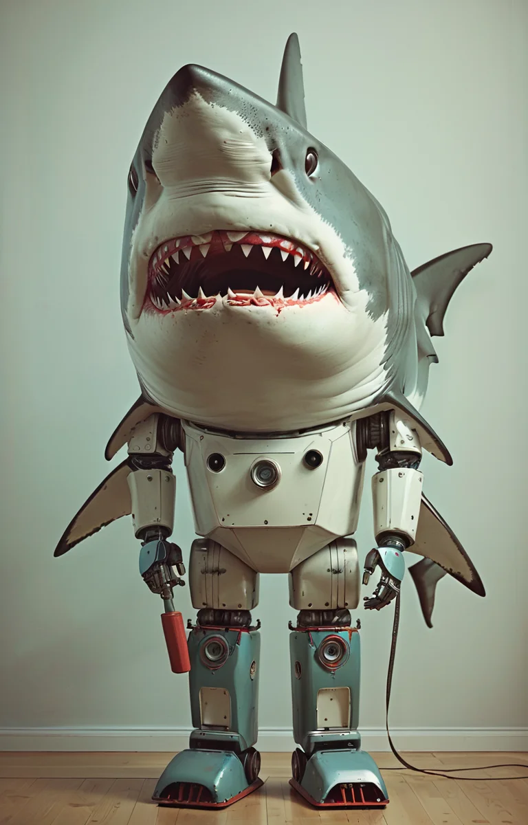 masterpiece,best quality,<lora:tbh336-sdxl:0.6>,illustration,style of massive Swedish shark portrait of Housework robots