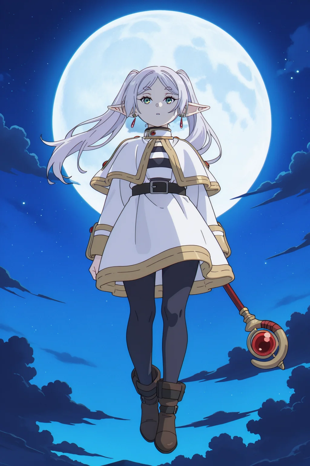 <lora:FrierenStyle:1>, FrierenStyle, 1girl, moon, solo, twintails, full moon, elf, capelet, long hair, holding, night, pointy ears, sky, staff, pantyhose, white capelet, holding staff, jewelry, boots, night sky, mage staff, huge moon, white hair, earrings, looking at viewer, floating, green eyes, moonlight, long sleeves, full body, striped shirt, black pantyhose, dress, skirt, outdoors, belt, striped clothes, white skirt, cloud, white dress, shirt