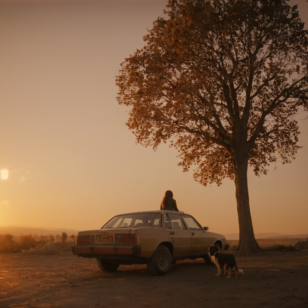 cinematic film still of  <lora:Warm Lighting Style:1>
warm light,a woman standing next to a car with a dog in the back,warm lighting style,1girl,1boy,outdoors,sky,cloud,tree,ground vehicle,motor vehicle,sunset,car,vehicle focus 3200k, orange color, yellow color, warm color, straw color, golden color, covered in shadow, shallow depth of field, vignette, highly detailed, high budget, bokeh, cinemascope, moody, epic, gorgeous, film grain, grainy