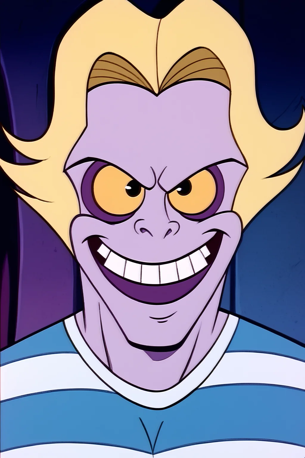 PonyXLV6_Scores , bugjuice style, solo, striped shirt, 1boy, teeth, shirt, smile, striped, grin, male focus, blonde hair, colored sclera, upper body, yellow sclera, purple skin, yellow eyes, colored skin, <lora:BugJuicePDXL:1>
