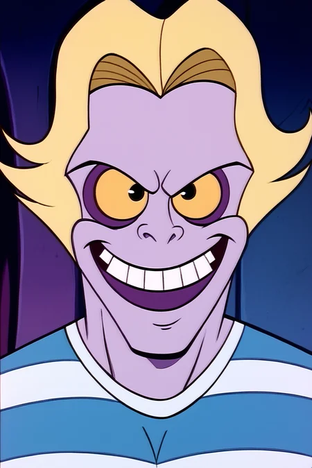 PonyXLV6_Scores , bugjuice style, solo, striped shirt, 1boy, teeth, shirt, smile, striped, grin, male focus, blonde hair, colored sclera, upper body, yellow sclera, purple skin, yellow eyes, colored skin, <lora:BugJuicePDXL:1>