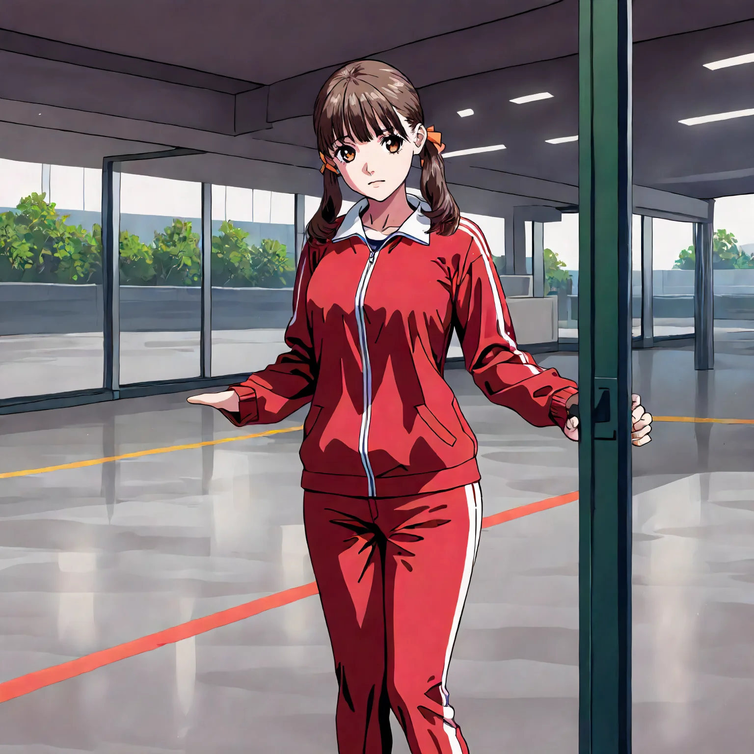 <lora:YS_AyanaFujisawaXLIllustrious004>,
masterpiece,best quality,good quality,newest,
detailed background,
looking at viewer,
solo,
AyanaFujisawa,1girl,brown hair,low twintails,brown eyes,
red track jacket,red pants,
standing,