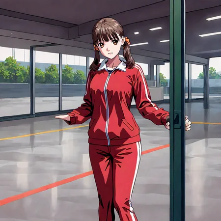 <lora:YS_AyanaFujisawaXLIllustrious004>,
masterpiece,best quality,good quality,newest,
detailed background,
looking at viewer,
solo,
AyanaFujisawa,1girl,brown hair,low twintails,brown eyes,
red track jacket,red pants,
standing,