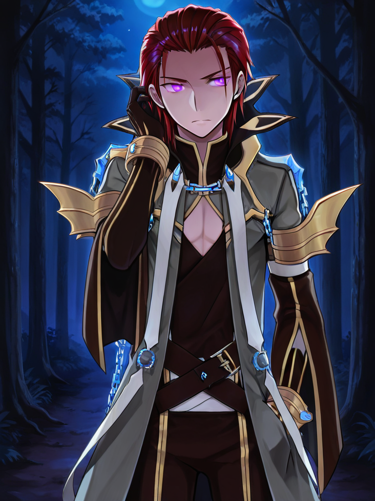 absurdres, highres, masterpiece, best quality, amazing quality, official anime artwork, screencap, anime screencap,
ragnarok online, warlock \(ragnarok online\), (upper body,:1.2)  close-up,  (hand in pocket, hand in own hair,:1.2) 
forest, serious,( glowing eyes, dark purple eyes,:1.1) night, 
(dark red hair,medium hair,:1.1) (hair slicked back,:1.2) 
 <lora:WARLOCK_RO:0.8>rwarlocko, coat, 1boy, male focus, solo, white strips ornament, pants, short hair, chain, bangs, gloves, grey coat, black gloves,   <lora:aidmaImageUpgrader-v0.3-IL:0.7> aidmaimageupgrader, <lora:DarkSlider1.2_alpha1.0_rank16_full_300steps:-0.47> dark,late night,blue hour,