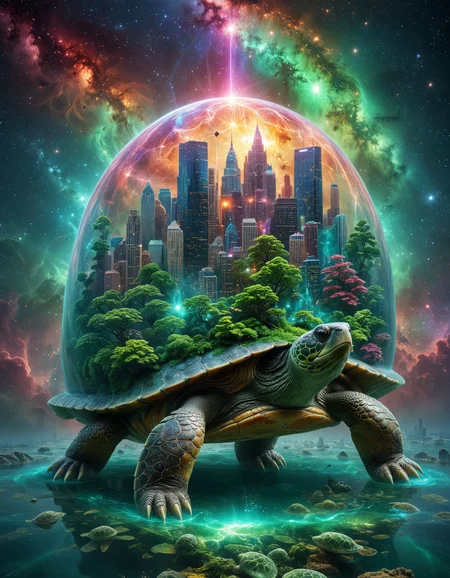 A surreal, imaginative, a turtle carrying an entire cityscape on its back, the turtle's shell is transparent and revealing a lush green environment with towering skyscrapers and trees and vegetation inside, the background is a vibrant cosmic sky with colorful nebulas and floating aquatic creatures, dreamlike atmosphere, wonder and fantasy, <lora:tranzp:1>, <lora:SDXLFaeTastic2400:0.3>, <lora:sdxl_glass:0.5>