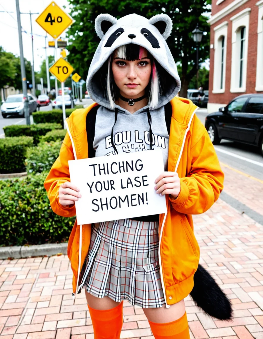 Stable_Yogis_Illustrious_Positives
<lora:Realim_Lora_BSY_IL_V1_RA42:0.6> realistic, photorealistic, realistic skin texture, detailed Hold up a sign saying , depth of field, realistic, virtual youtuber, coloring, screencap, ), ), ), 4K, best quality, sharp focus, best quality, very aesthetic), masterpiece, best quality, very aesthetic, 1girl,, aasnf, short hair, multicolored hair, grey hair, animal ears, antenna hair, hair ornament, eye , orange eyes, breasts, raccoon tail, black choker, grey shirt, off shoulder, hoodie, orange jacket, open jacket, grey skirt, bandaid, asymmetrical legwear, cute pouting expression