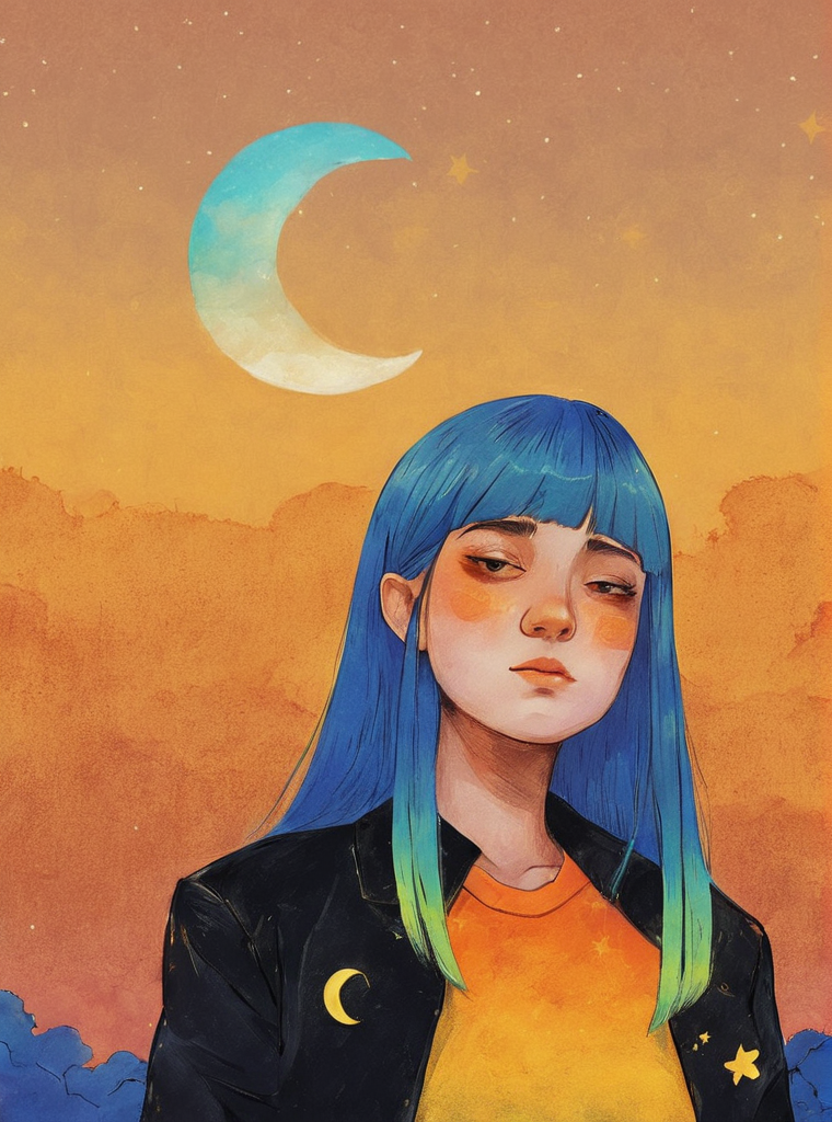 1girl, bangs, black jacket, blue hair, crescent moon, evening, ginkgo leaf, gradient, gradient background, gradient sky, jacket, long hair, moon, orange background, orange sky, shirt, solo, sunset, twilight, upper body, white shirt, yellow background, yellow sky, yellow theme, pop surrealism , <lora:Graphic_Portrait:0.75>