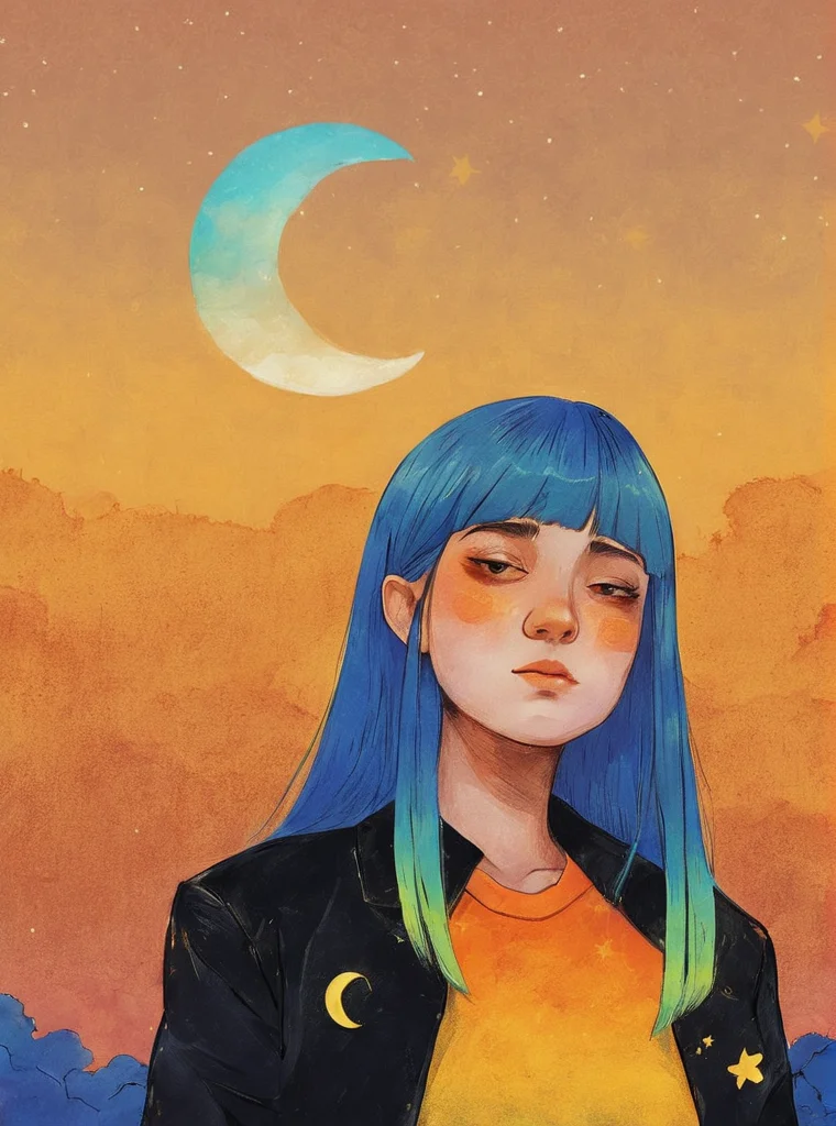 1girl, bangs, black jacket, blue hair, crescent moon, evening, ginkgo leaf, gradient, gradient background, gradient sky, jacket, long hair, moon, orange background, orange sky, shirt, solo, sunset, twilight, upper body, white shirt, yellow background, yellow sky, yellow theme, pop surrealism , <lora:Graphic_Portrait:0.75>
