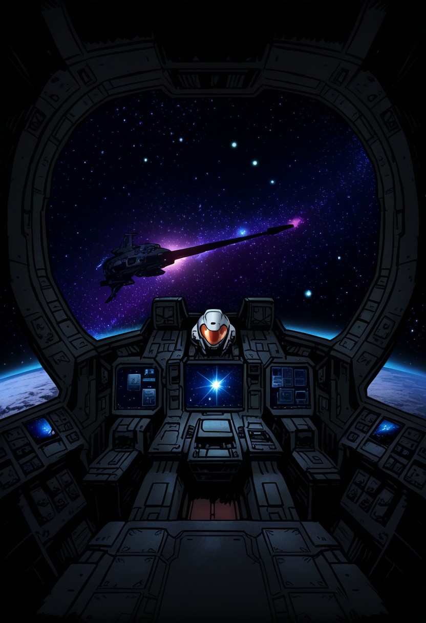 AMAZING QUALITY, MASTERPIECE, DW0, DARK TOON, SCENERY, SPACE BASE, SCIENCE FICTION, SPACESHIP, COCKPIT, WINDOWS, STARS, LARGE ALIEN,