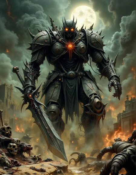 The Iron Revenant of the Endless War A towering, rusted war machine, its form a fusion of ancient steel and necrotic flesh, marches through an ashen wasteland, its hollow, fiery eyes locked onto an unseen enemy. Its jagged, battle-scarred armor, covered in dried blood and remnants of past wars, groans under the weight of its own existence. A massive, cracked greatsword, pulsing with the souls of the fallen, drags behind it, carving deep trenches into the scorched earth. The sky above is blackened with smoke, the sun reduced to a dim, choking ember. Around it, twisted remains of war banners and broken siege engines litter the ruins of an eternal battlefield. The atmosphere is brutal, relentless, and apocalyptic, depicting a warrior cursed to fight long after the war has been lost.
<lora:dark-fantasy-flux:1>