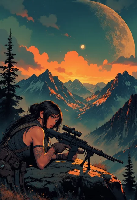In the style of ff-td, nistyle, Silhouette Art, magnificent, crisp lines, closeup portrait of stunning mercenary, mountain top, overlooking a huge valley, beautiful girl, breasts, curvy, looking at viewer, laying on the ground, aiming a sniper rifle, dark braided hair, backwards hat, armor, sleeveless, arm sleeve tattoos, muscle tone, dogtags, sweaty, foreshortening, depth of field, at night, night,
Closeup, detailed face, freckles,