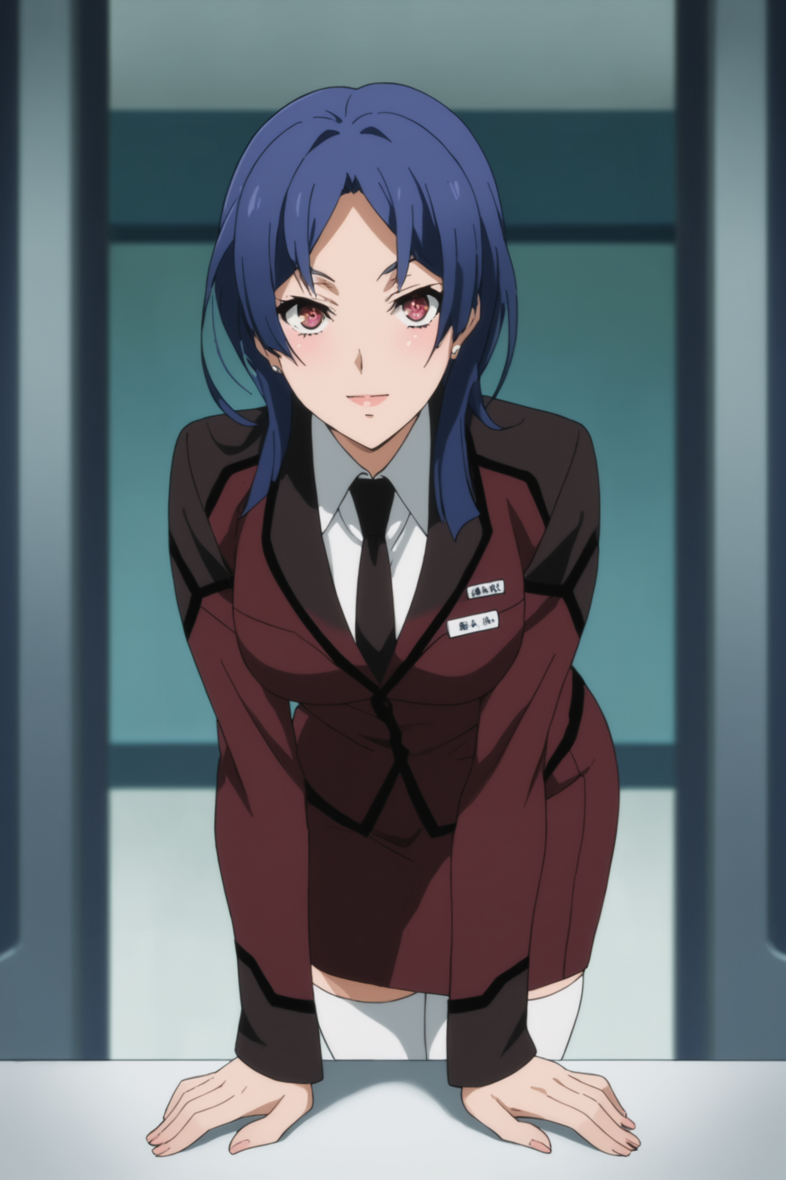 hoshimiya haruka, blue hair, long hair, purple eyes, uniform, suit, military uniform, purple uniform, dark brown uniform, white shirt, collared shirt, jacket, closed jacket, dark brown necktie, skirt, pencil skirt, white thighhighs, black highheels,  <lora:Haruka_Hoshimiya:1>, score_9, score_8_up, score_7_up, score_6_up, score_5_up, source_anime, rating_safe, indoors, 1girl, solo, looking at viewer, (dynamic pose:1.2), (full body:1.1), <lora:age_slider_v4:2>, bent over