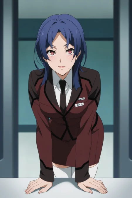 hoshimiya haruka, blue hair, long hair, purple eyes, uniform, suit, military uniform, purple uniform, dark brown uniform, white shirt, collared shirt, jacket, closed jacket, dark brown necktie, skirt, pencil skirt, white thighhighs, black highheels, <lora:Haruka_Hoshimiya:1>, score_9, score_8_up, score_7_up, score_6_up, score_5_up, source_anime, rating_safe, indoors, 1girl, solo, looking at viewer, (dynamic pose:1.2), (full body:1.1), <lora:age_slider_v4:2>, bent over
