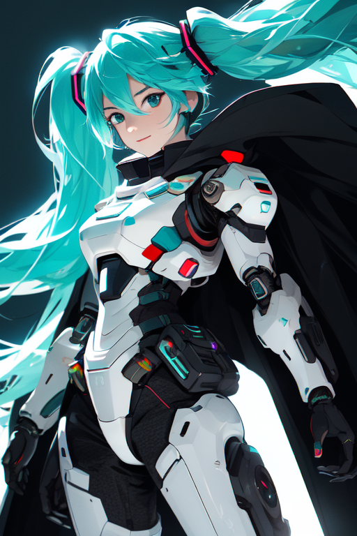 absurdres, hatsune miku, BREAK, (exosuit), mechanical arms, (black upper armor), solo, turquoise hair, long hair, (black cloak), looking at viewer, BREAK (at night), virtual world, 
<lora:nijiarmor_v2:0.9>