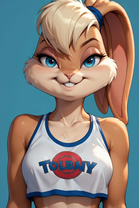 zPDXL3, <lora:LolaBunny:.5>
lolabunny, furry female, rabbit ears, animal nose, blue eyes, body fur, crop top, looking at viewer, smiling, close up, simple background,