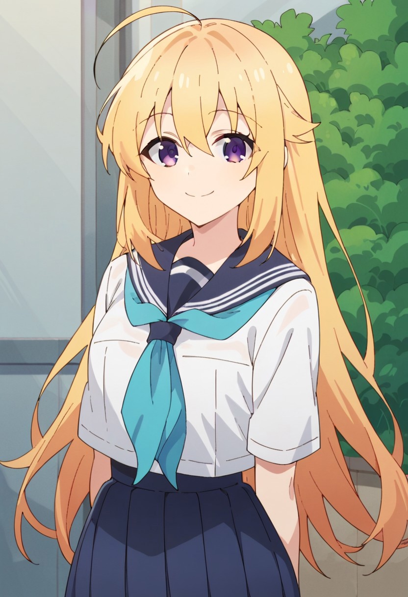 score_9, score_8_up, score_7_up, source_anime, koshi torako, long hair, blonde hair, purple eyes, 1girl, solo, skirt, school uniform, ahoge,serafuku, looking at viewer,  smile, neckerchief, blue skirt