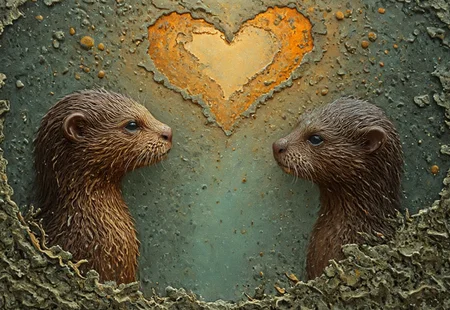 High resolution,Best quality,White Balance,light and shade contrast,rule of thirds,hyper Realistic,oil painting,negative space,wide shot.in the style of Peter Mohrbacher,frank frazetta,vibrant chemigram,Layered Paper,Paper Quilling,artchlr,

two otters facing each other, heads together,in a forest,(the negative space making an heart shape between them), looking out over a lake
