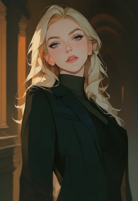 score_9, score_8_up, score_7_up, score_6_up, score_5_up, score_4_up,1girl, turtleneck sweater, black sweater, pale skin, semi-realism, medium breasts, tight clothes, dark narrow corridor, black latex gloves, formal suit, black suits, blonde hair, great artist, 8k, black formal jacket, shadows, cinematic scene, depth of field, long eyelashes, sharp eyebrows, sexy, seductive, Noise effect, old movie effect, old time, black eyeliner, 1980s style, long hair, straight slick hair,
