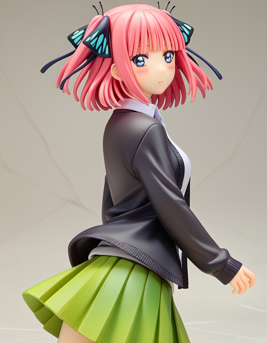 score_9, score_8_up, score_7_up, source_anime,
ninonakano, <lora:nino-nakano-s2-ponyxl-lora-nochekaiser:0.5>, 
nino nakano, short hair, bangs, blue eyes, hair ornament, hair ribbon, pink hair, blunt bangs, two side up, butterfly hair ornament, mature female,
skirt, shirt, long sleeves, white shirt, pleated skirt, open clothes, collared shirt, sleeves past wrists, dress shirt, cardigan, green skirt, open cardigan, black cardigan,
<lora:alter-figurines-ponyxl-lora-nochekaiser:1>, alter figurine, 1girl, blush, solo, <lora:shaft-look-ponyxl-lora-nochekaiser:1>, shaft look, looking back, from behind, head tilt,