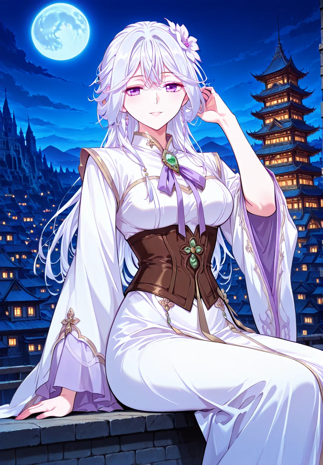 <lora:Chu_Qingcheng__Demon_Emperor__Illustrious:1>
1 girl, solo, long hair, white hair, layered hairstyle, side-swept bangs, flower hair ornament, hair flower, purple eyes,
chinese clothes, white long dress, gold-trimmed dress, brown corset, emerald gem, gem brooch, front bow, long sleeves
score_9, score_8_up, score_7_up, very aesthetic, source_anime, detailed, high quality, beautiful, masterpiece, detailed eyes, castle, village, blurry background, cityscape, pose dynamic angle, light smile, open mouth, hand on hair, sitting, night, blue moon, <lora:iLLMythG0thicL1nes:1>
