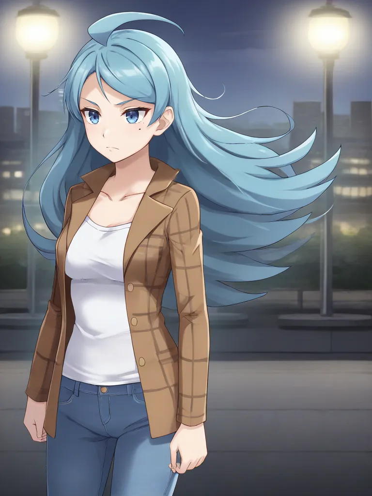 <lora:kahilitsukishiro:0.8>
1girl, solo, kahiligolf, blue hair, long hair, flipped hair, swept bangs, ahoge, blue eyes, mole under eye, brown jacket, plaid jacket, long sleeves, white shirt, collarbone, open clothes, blue pants, jeans, outdoors, city, night, standing, serious,