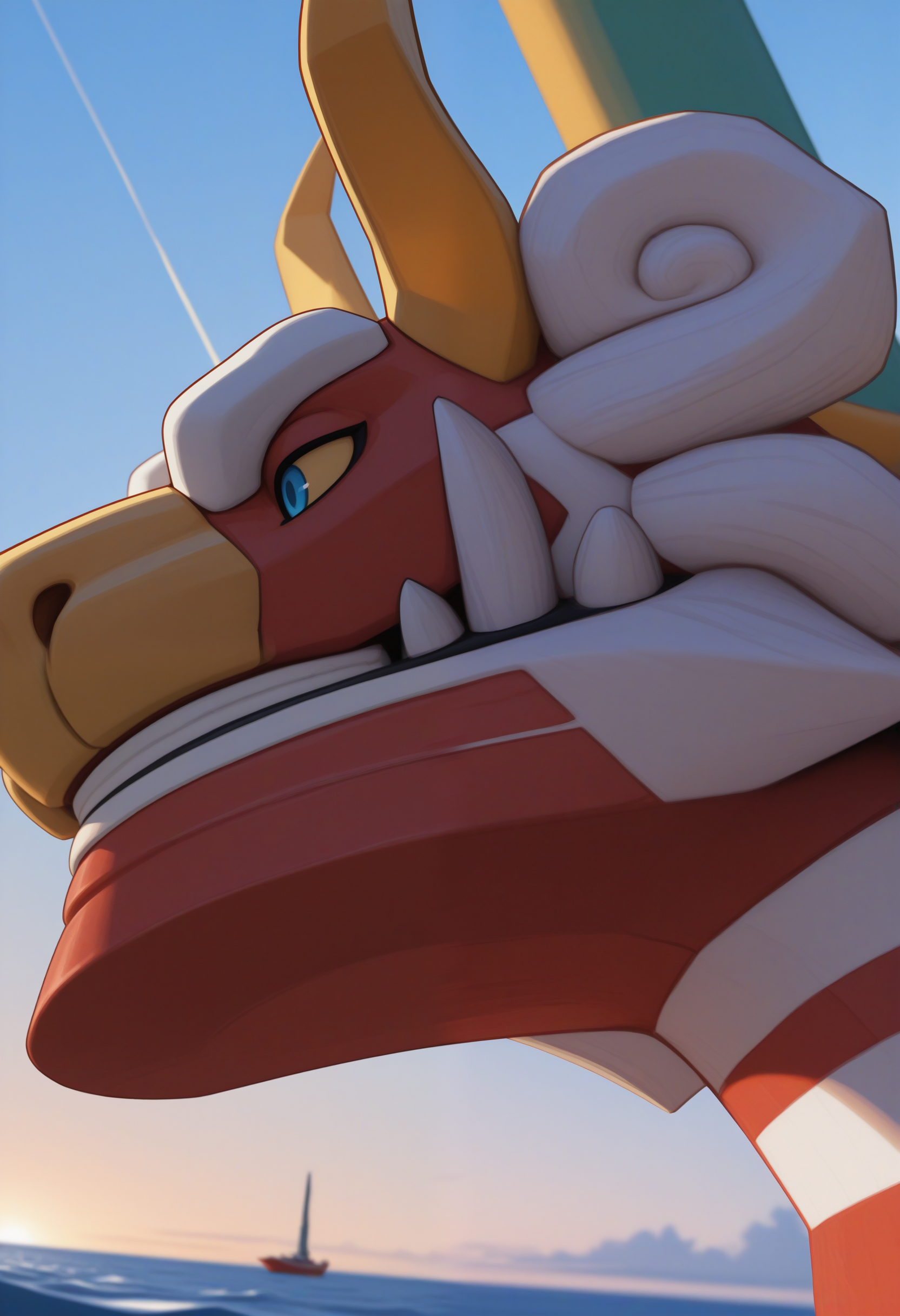 masterpiece,best quality,amazing quality, 1boy, solo, r3d, boat, sea, close up, side angle,