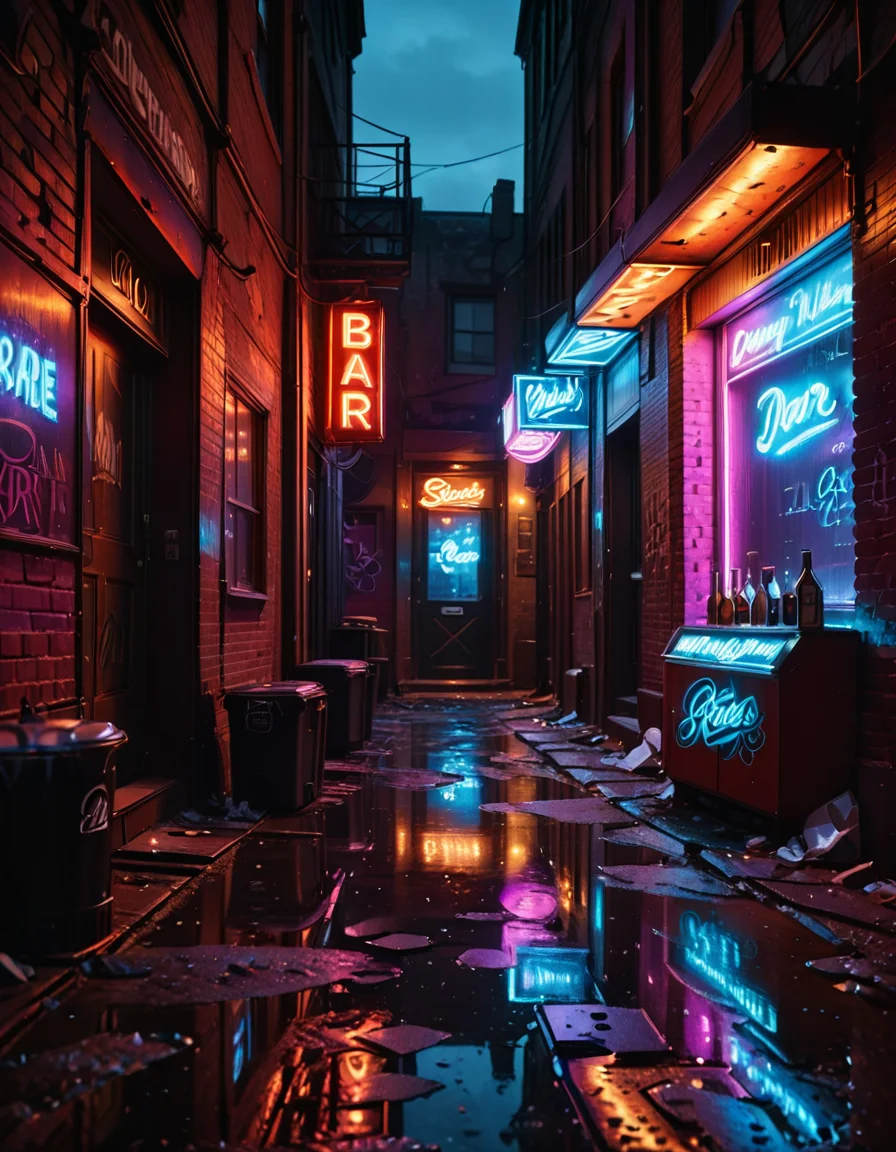 A highly detailed and realistic photograph of a dark alleyway behind a bar at night. The narrow passage is dimly lit by a flickering neon sign casting a moody red and blue glow onto the wet pavement. The walls are made of old, weathered brick covered in graffiti, with metal fire escapes zigzagging above. Trash bags and discarded crates are scattered along the alley, and a few puddles reflect the neon lights, adding depth to the scene. A single, dented metal door with a small, barred window leads into the back of the bar, with a faint warm light seeping through the cracks. The air is thick with mist, and the distant hum of the city is broken only by the occasional drip of water from a rusted drainpipe. A sense of mystery and urban grit fills the atmosphere, evoking a cinematic, noir-style aesthetic.
<lora:SDXLFaeTastic2400:0.4> <lora:extremely_detailed:0.4> extremely detailed, <lora:all3yway-ill:1>,all3yway, Masterpiece,best quality,hi res,8k,hi res,8k,award winning,(sharp focus, intricate, highly detailed),