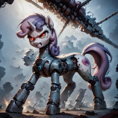 score_9, score_8_up, score_7_up, score_6_up, score_5_up, score_4_up, high resolution, hight detailed, high quality, irl, photo, intricate detail, detailed, (((feral pony))), sweetie belle, red eyes, pony, cables, solo, cute face, cute, wide hips, wide thighs, feral robot, low lighting, science fiction, biopunk, dark theme, female pony, mare, (short body), (long legs), (lanky), panoramic view, scenary, far away, long shot, 0ddb0t, mechanical_parts, (destroyed body), mechanical_eyes, robot eyes, shining eyes, glowing eyes, mad, angry, ready to fight, attack, weapon, moving, drons, war, battlefield, accion, epic, smoke, explosions in background,