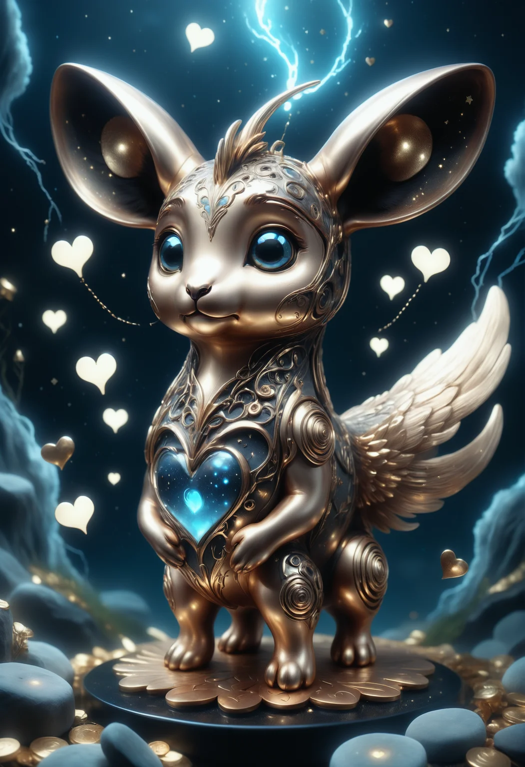 a cute zhibi domestic animal <lora:zhibi:0.8> made out of Jed-ANC <lora:ArtNouveauCopperStyle:0.9>, cuteness overload, surrounded by stardust and floating hearts <lora:heartmiststyle:0.5> in a starLS fantasy landscape <lora:stardustlandscapes-000006:0.7>,3D game art, surreal, close up, hurricane, sharp and in focus, fine art, fearful, miniaturecore, ektachrome, intricate, enhanced quality, cinematic atmosphere, holy, highly complex, gorgeous